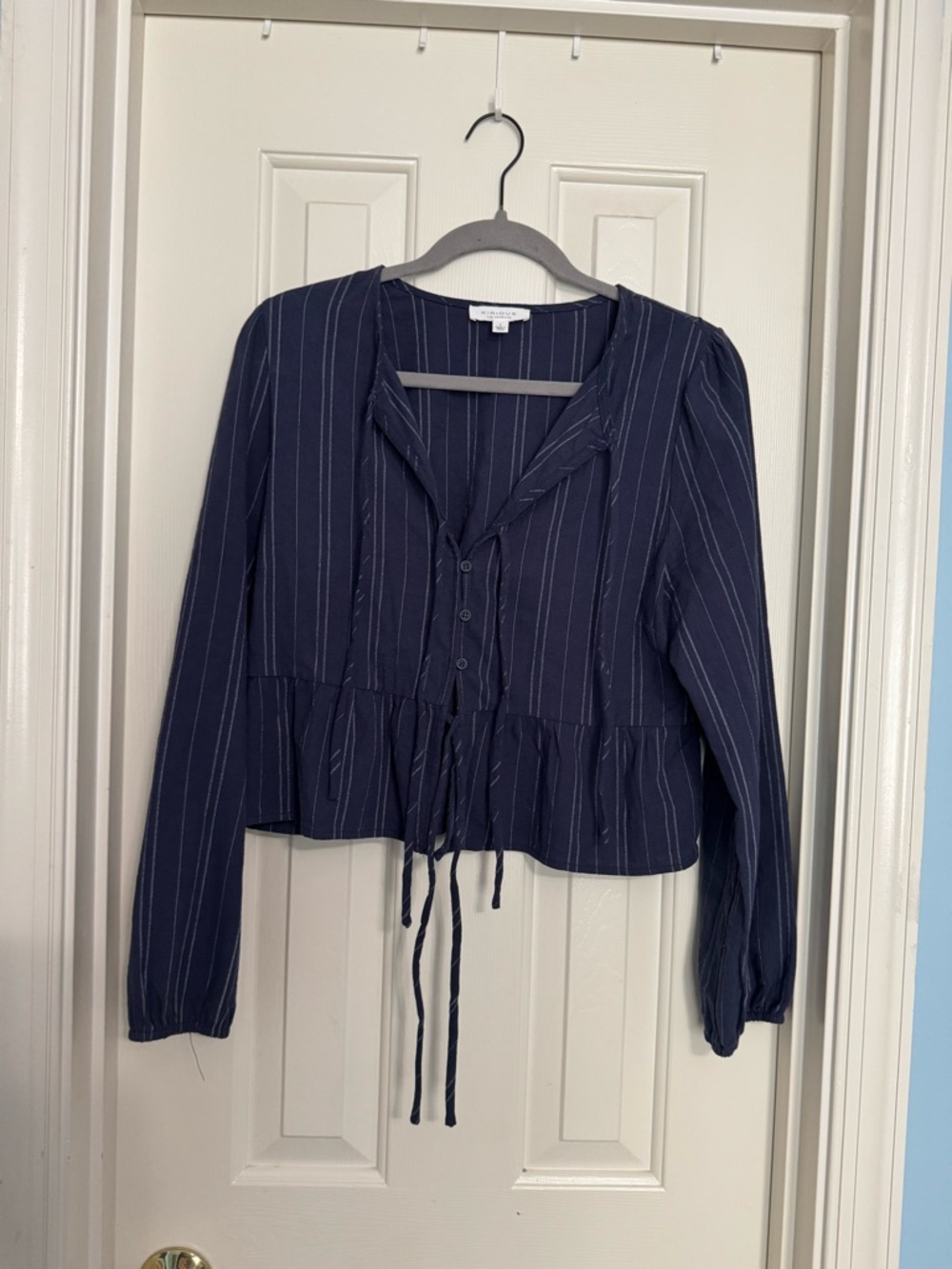 Navy Blue Pinstripe Button-Front Peplum Blouse